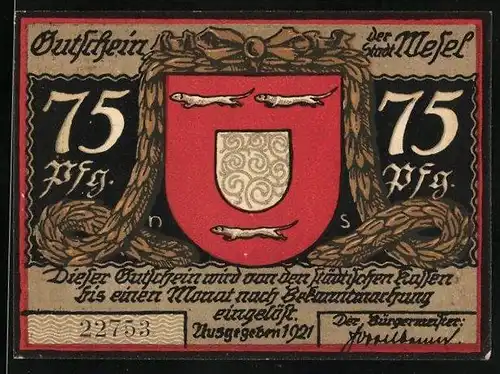 Notgeld Wesel 1921, 75 Pfennig, Wappen mit drei Wieseln, Scherenschnitt Der letzte Gang