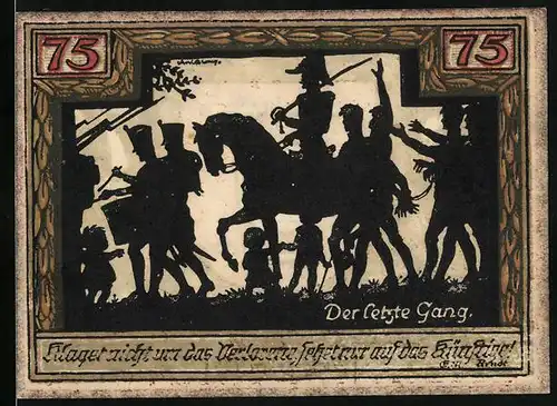 Notgeld Wesel 1921, 75 Pfennig, Stadtwappen mit Wieseln, Scherenschnitt Der letzte Gang