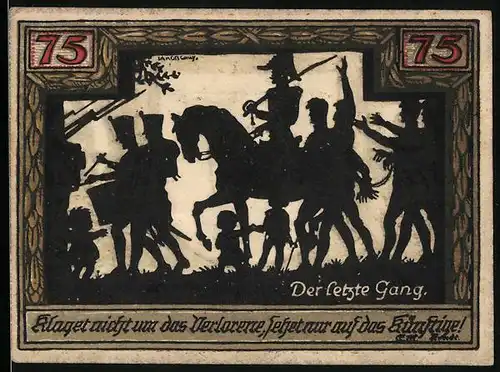 Notgeld Wesel 1921, 75 Pfennig, Wappen mit Wieseln, Scherenschnitt Der letzte Gang