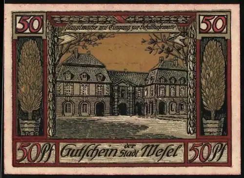 Notgeld Wesel 1921, 50 Pfennig, Wappen mit drei Wieseln, Hauptwache mit Eingang zur Schillkasematte