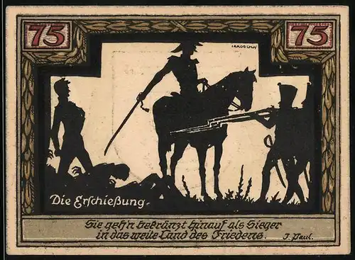 Notgeld Wesel 1921, 75 Pfennig, Wappen mit Wieseln, Scherenschnitt Die Erschiessung