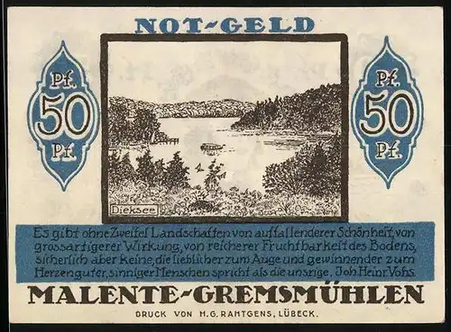 Notgeld Malente-Gremsmühlen 1920, 50 Pfennig, Dieksee, Voss`Luise Das rosenwangige Mägdelein