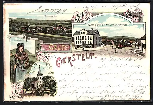 Lithographie Gierstedt, Gasthof zum goldenen Lamm, Dorfstrasse, Thüringer Tracht, Totalansicht