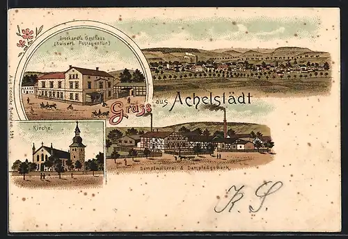 Lithographie Achelstädt, Brockardt`s Gasthaus Kaiserl. Postagentur u. Dampfmolkerei m. Dampfsägewerk