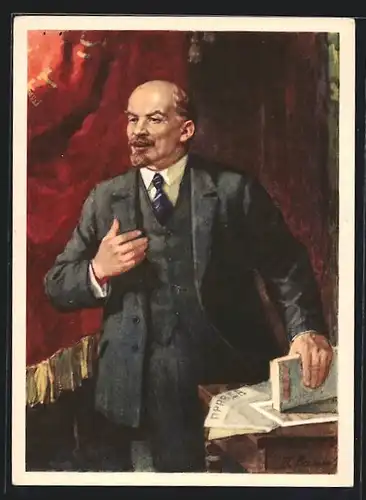 AK Portrait Lenin mit Zeitung und Buch