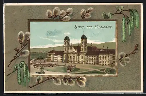 Künstler-Passepartout-AK Einsiedeln, Blick auf das Schloss