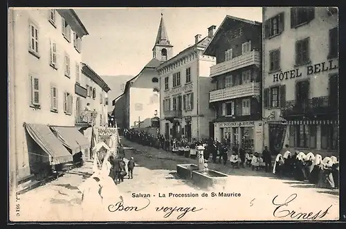 AK Salvan, la Procession de St. Maurice, Hotel