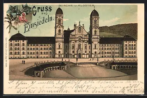 Lithographie Einsiedeln, Kirche und Kloster