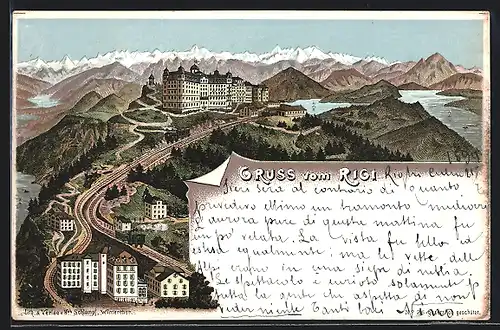 Lithographie Rigi, Bergbahn auf der Fahrt zum Hotel um 1900