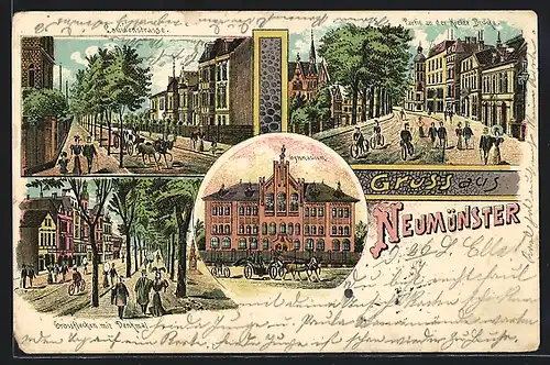 Lithographie Neumünster, Louisenstrasse, Grossflecken mit Denkmal, Gymnasium, Wegpartie an der Kieler Brücke