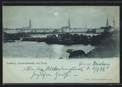 Mondschein-AK Hamburg-Neustadt, Lombardsbrücke mit Stadt