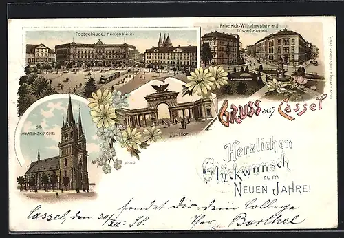 Lithographie Kassel, St. Martinskirche, Au-Thor, Königsplatz mit Postgebäude, Friedrich-Wilhelmplatz m. Löwenbrunnen
