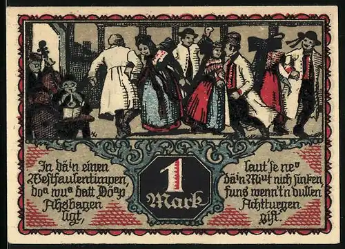 Notgeld Eisbergen a. d. Weser 1921, 1 Mark, Paar in Tracht, tanzende Menschen