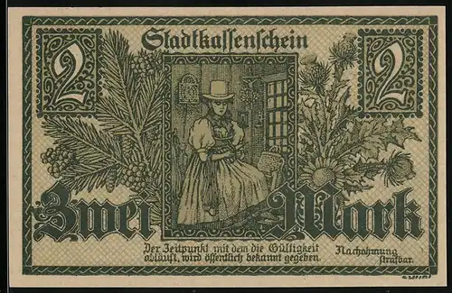 Notgeld Furtwangen 1918, 2 Mark, Schneiderin und Ortsansicht mit Kirche und Wegkreuz