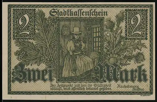 Notgeld Furtwangen 1918, 2 Mark, Schneiderin, Kirche und Wegkreuz