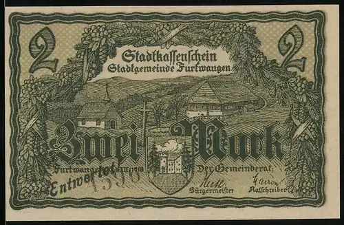 Notgeld Furtwangen 1918, 2 Mark, Kirche und Wegkreuz im Ort, Schneiderin