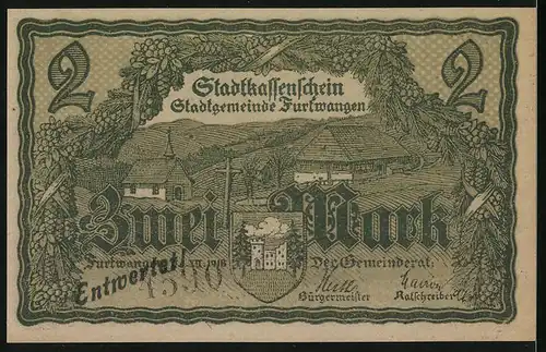 Notgeld Furtwangen 1918, 2 Mark, Schneiderin, Ort mit Kirche und Wegkreuz