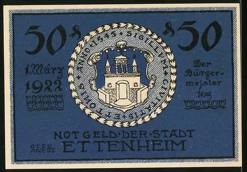 Notgeld Ettenheim 1922, 50 Pfennig, Silhouette des Herzogs von Enghien, Wappen