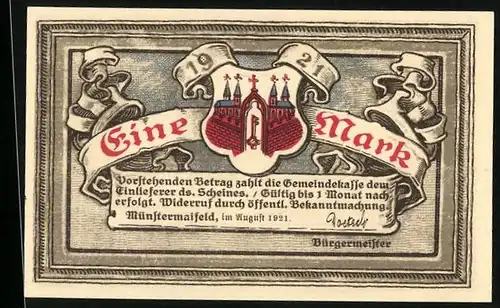 Notgeld Münstermaifeld 1921, 1 Mark, Stiftskirche, Stadtwappen