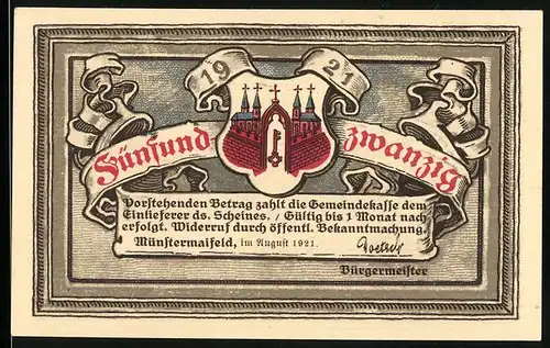 Notgeld Münstermaifeld 1921, 25 Pfennig, Ruine Pyrmont, Stadtwappen