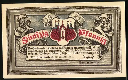 Notgeld Münstermaifeld 1921, 50 Pfennig, Stadtwappen, Ortsansicht um 50 v. Chr.