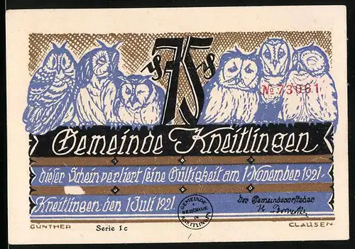 Notgeld Kneitlingen 1921, 75 Pfennig, Eulenspiegel nimmt den Leuten die Schuhe