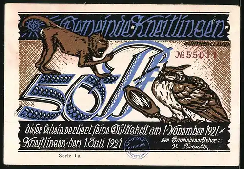 Notgeld Kneitlingen 1921, 50 Pfennig, Eulenspiegel als Baby mit seinen Eltern