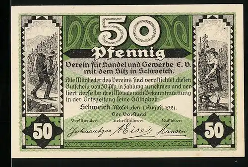 Notgeld Schweich /Mosel 1921, 50 Pfennig, Landsknechte bei der Weinlese