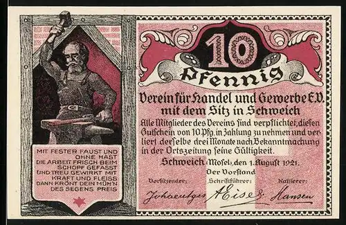 Notgeld Schweich /Mosel 1921, 10 Pfennig, Schmied beim Hämmern, Hoch-Kreuz