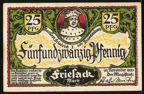 Notgeld Friesack 1921, 25 Pfennig, Kurfürst Friedrich I. von Brandenburg, Denkmal mit Stadtwappen