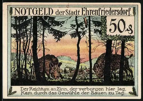 Notgeld Ehrenfriedersdorf 1921, 50 Pfennig, zwei Eber vor der Stadt