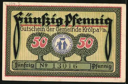 Notgeld Krölpa i. Th. 1921, 50 Pfennig, Pinsenberg, Schloss Brandenstein und Burg Ranis