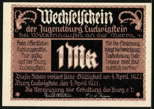 Notgeld Burg Ludwigstein 1921, 1 Mark, Fluss an der Burg