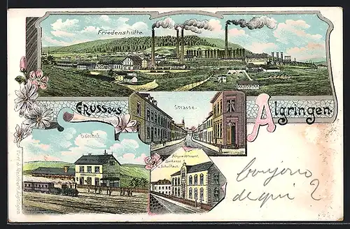 Lithographie Algringen, Bürgermeisteramt mit Sparkasse und Schulhaus, Friedenshütte, Bahnhof, Bergbau