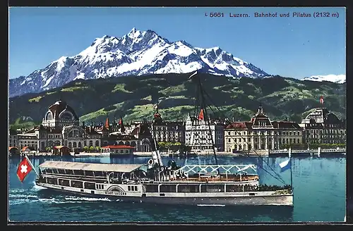 AK Luzern, Dampfer Stadt Luzern, Bahnhof und Pilatus