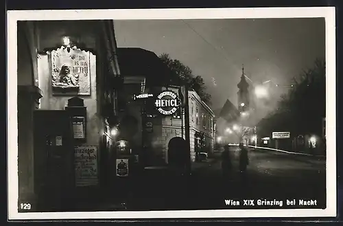 AK Wien-Grinzing, Strassenpartie bei Nacht, mit Gasthaus Heuriger Hencl