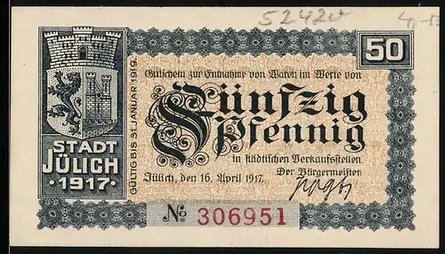 Notgeld Jülich 1917, 50 Pfennig, Wappen der Stadt