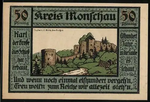 Notgeld Monschau 1921, 50 Pfennig, Jagdschloss Karls des Grossen