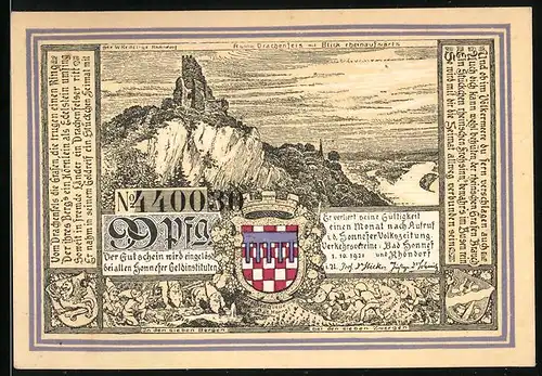 Notgeld Bad Honnef am Rhein 1921, 99 Pfennig, Ansicht vom Drachenfels, Wappen, Blick über den Rhein