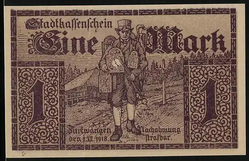 Notgeld Furtwangen 1918, 1 Mark, Wandernder Händler mit Uhren