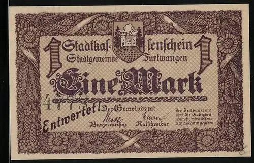 Notgeld Furtwangen 1918, 1 Mark, Wappen der Stadt, Wandernder Händler