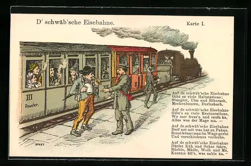 Lithographie D` schwäb`sche Eisebahne, Schaffner am Bahnsteig