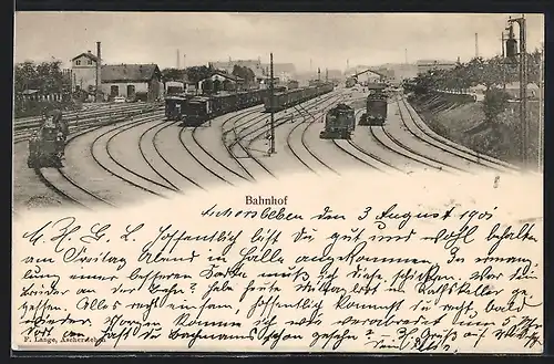 AK Aschersleben, Bahnhof mit Schienengelände und Zügen, Panorama