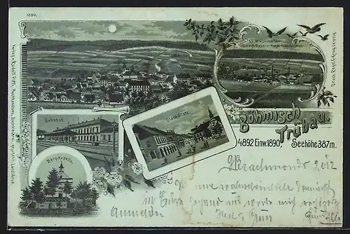 Mondschein-Lithographie Böhmisch Trübau, Bahnhof, Berg-Kapelle, Stadt-Platz