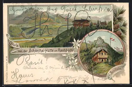 Lithographie Schönthal-Hütte am Rauhbüchl, Restaurant Buzzihütte