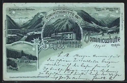 Mondschein-Lithographie Dominicushütte, Schlegeisthal mit Gletschern, Ansicht mit Riffler, Olperer und gefrorene Wand