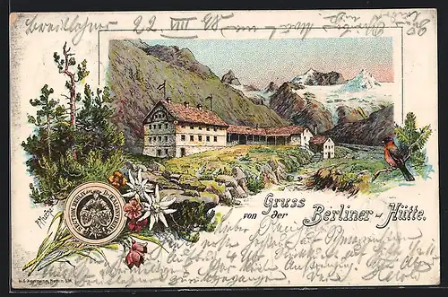 Lithographie Mayrhofen, die Berliner Hütte in den Bergen, Edelweiss