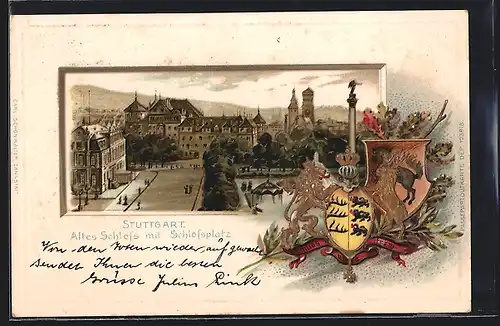 Passepartout-Lithographie Stuttgart, Altes Schloss mit Schlossplatz