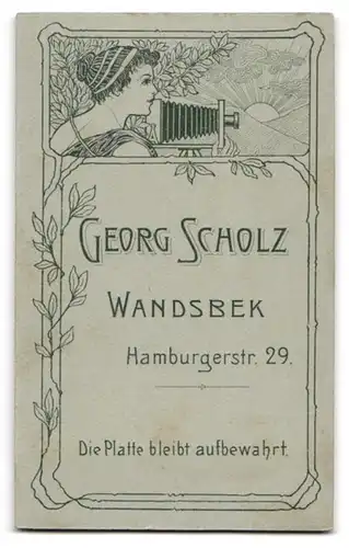 Fotografie Georg Scholz, Wandsbek, Hamburgerstr. 29, Jugendstil Dame mit Plattenkamera, Rückseitig Herren Portrait