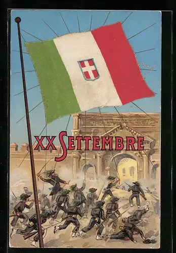 Lithographie Infanterie Soldaten stürmen in den Kampf, italienische Flagge aus Stoff